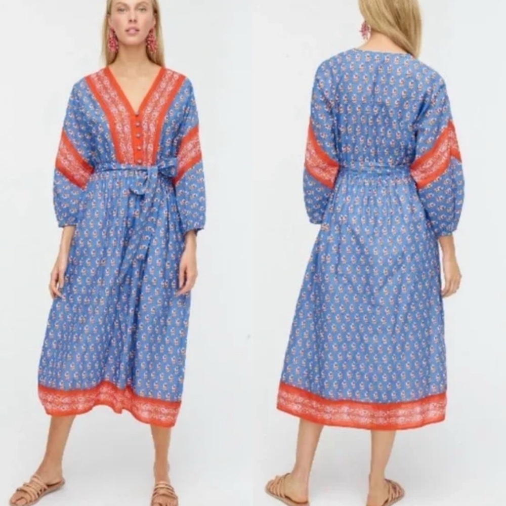 J.Crew cover-up midi Blue red floral Women's puff sleeve tunic Dress medium